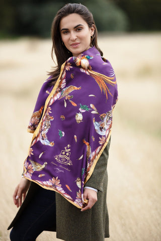 Grouse Misconduct Aubergine & Gold Country Shooting Classic Silk Scarf