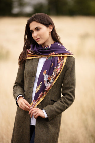 Grouse Misconduct Aubergine & Gold Green Country Shooting Large Square Silk Scarf