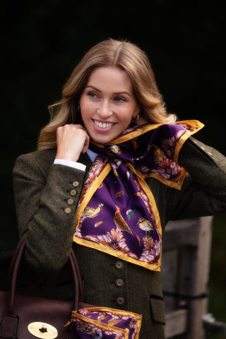 Grouse Misconduct Aubergine & Gold Country Shooting Narrow Silk Scarf