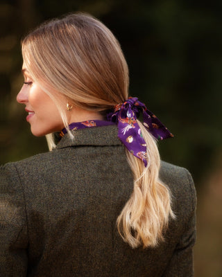 Clare Haggas Grouse Misconduct Aubergine Short Tail Silk Scrunchie
