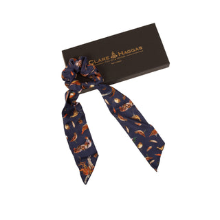 Clare Haggas Grouse Misconduct Navy Long Tail Silk Scrunchie