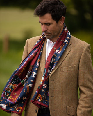 Clare Haggas Here Come The Boys Hunting Dog Claret & Navy Classic Silk Scarf