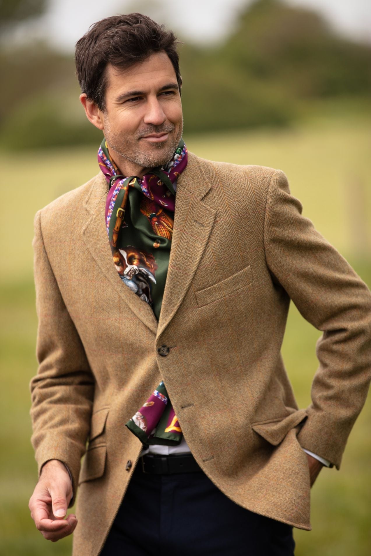 Clare Haggas Here Come The Boys Hunting Dog Hunter Green Oxblood Classic Silk Scarf