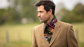 Clare Haggas Here Come The Boys Hunting Dog Hunter Green & Oxblood Classic Silk Scarf