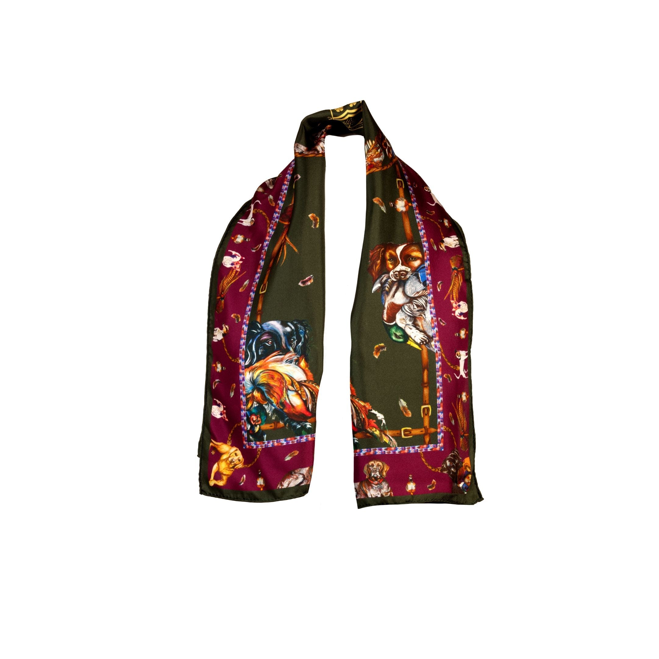 Clare Haggas It's a Dog's Life Hunter Green & Oxblood Red Narrow Silk Scarf