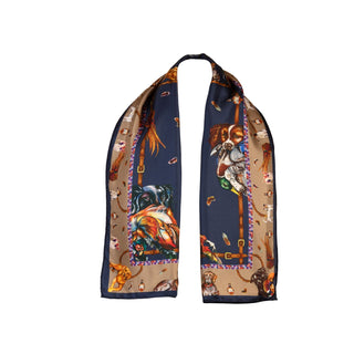 Clare Haggas It's a Dog's Life Navy & Fawn Narrow Silk Scarf
