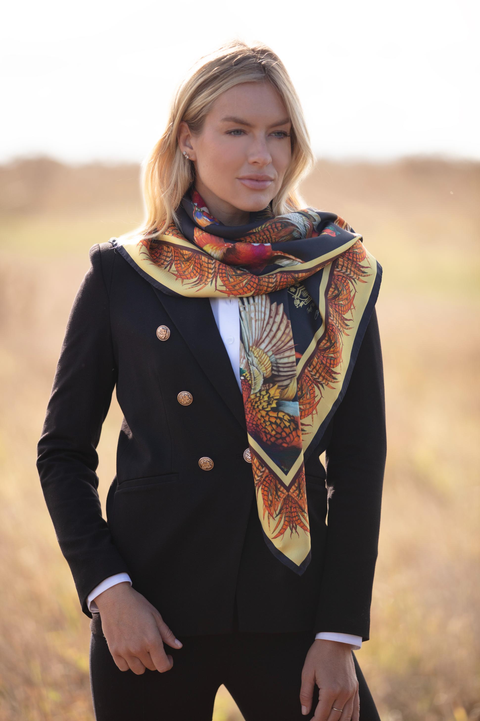 Clare Haggas Turf War Black and Gold Pheasant Large Square Silk Scarf
