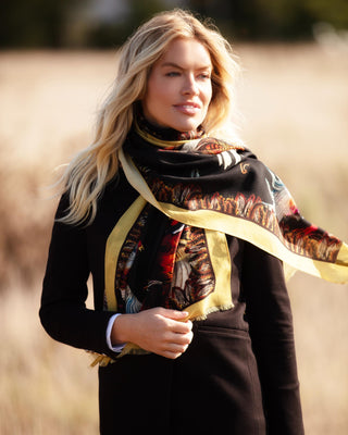 Clare Haggas Turf War Black and Gold Pheasant Wool Silk Wrap