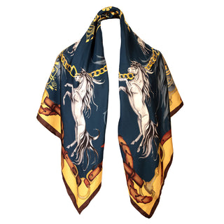 Hold Your Horses Navy & Gold Large Square Silk Scarf