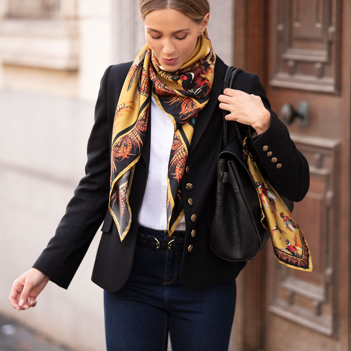 Clare Haggas Turf War Ebony Gold Mini Square Silk Scarf