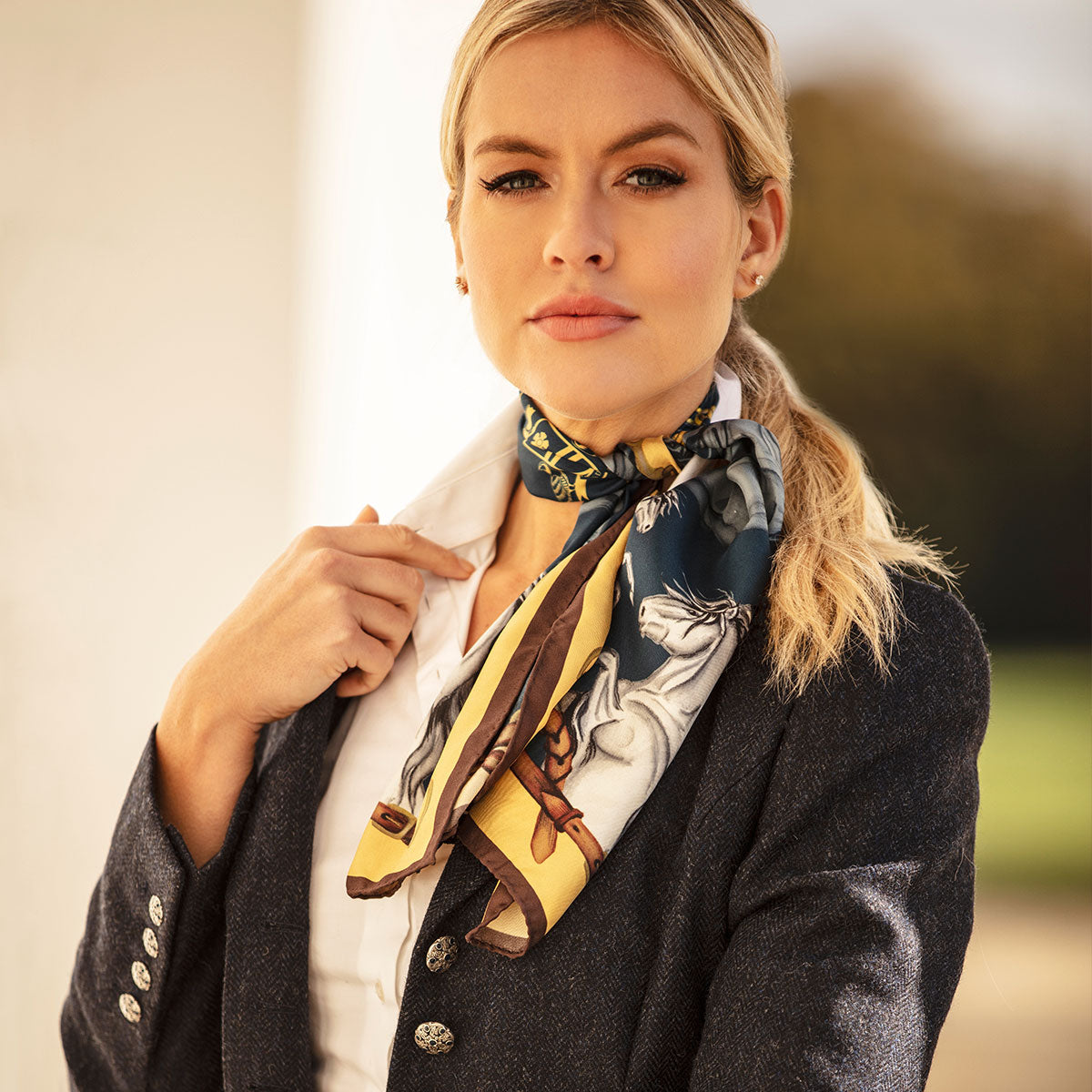 Hold Your Horses Navy Gold Narrow Silk Scarf