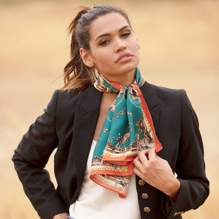 Rearing To Go Teal & Rust Narrow Silk Scarf