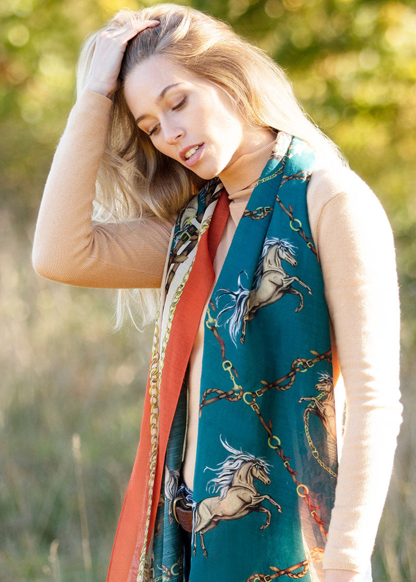 Clare Haggas Rearing To Go Rust & Teal Wool Silk Wrap