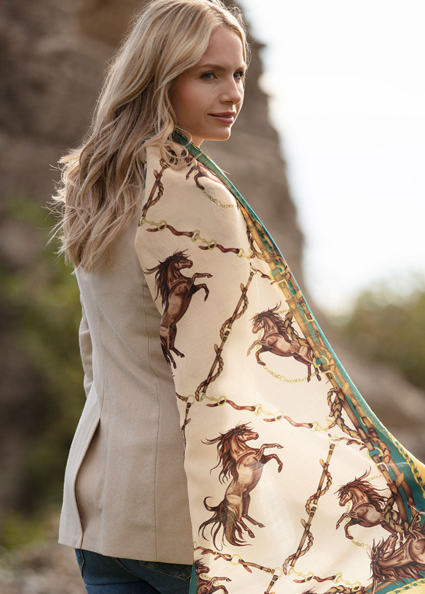 Clare Haggas Rearing To Go Oyster & Teal Wool Silk Wrap